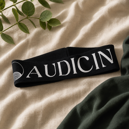 Black headband with 'AUDICIN' branding on a beige fabric background with green leaves.