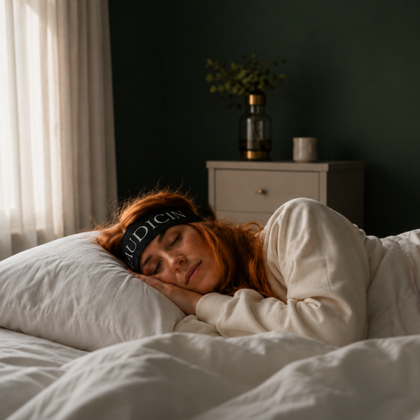 Woman sleeping in bed with Audicin headband labeled in a dimly lit bedroom.