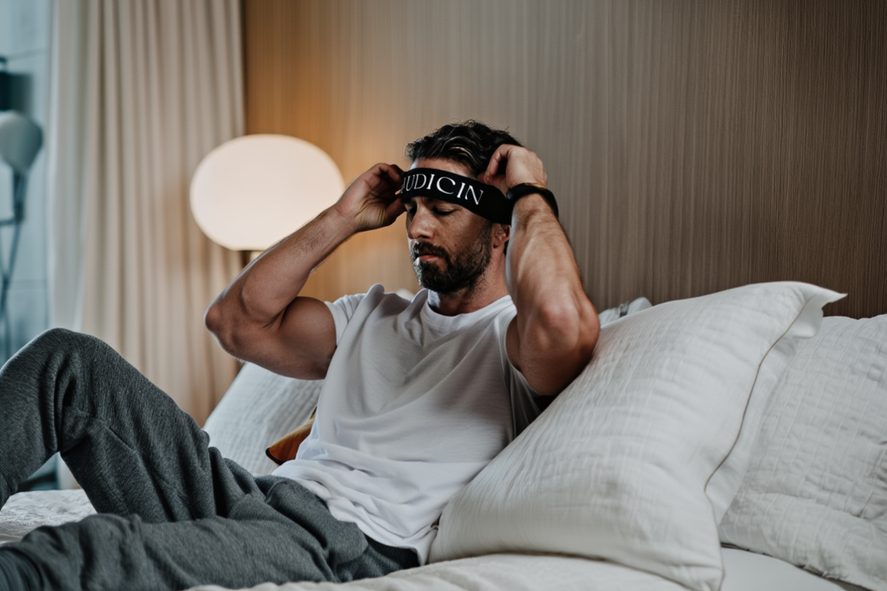 Man sitting on a bed wearing the audicin headband, in a bedroom setting.